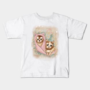 Cute colorful illustrations in retro style. Beautiful fluffy puppies. Kids T-Shirt